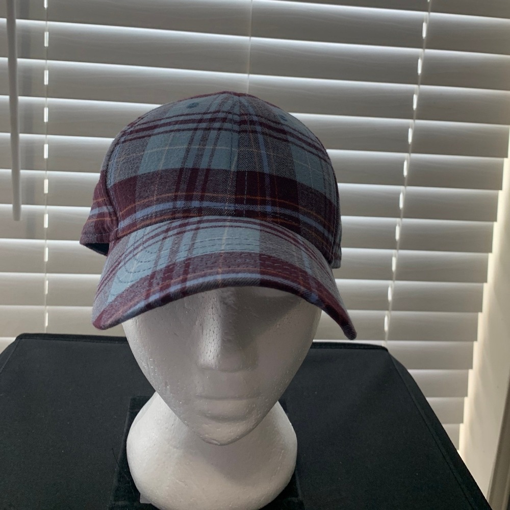 Eddie Bauer Plaid Flannel Baseball Cap Blue Burgundy Cotton Leather Strap #595